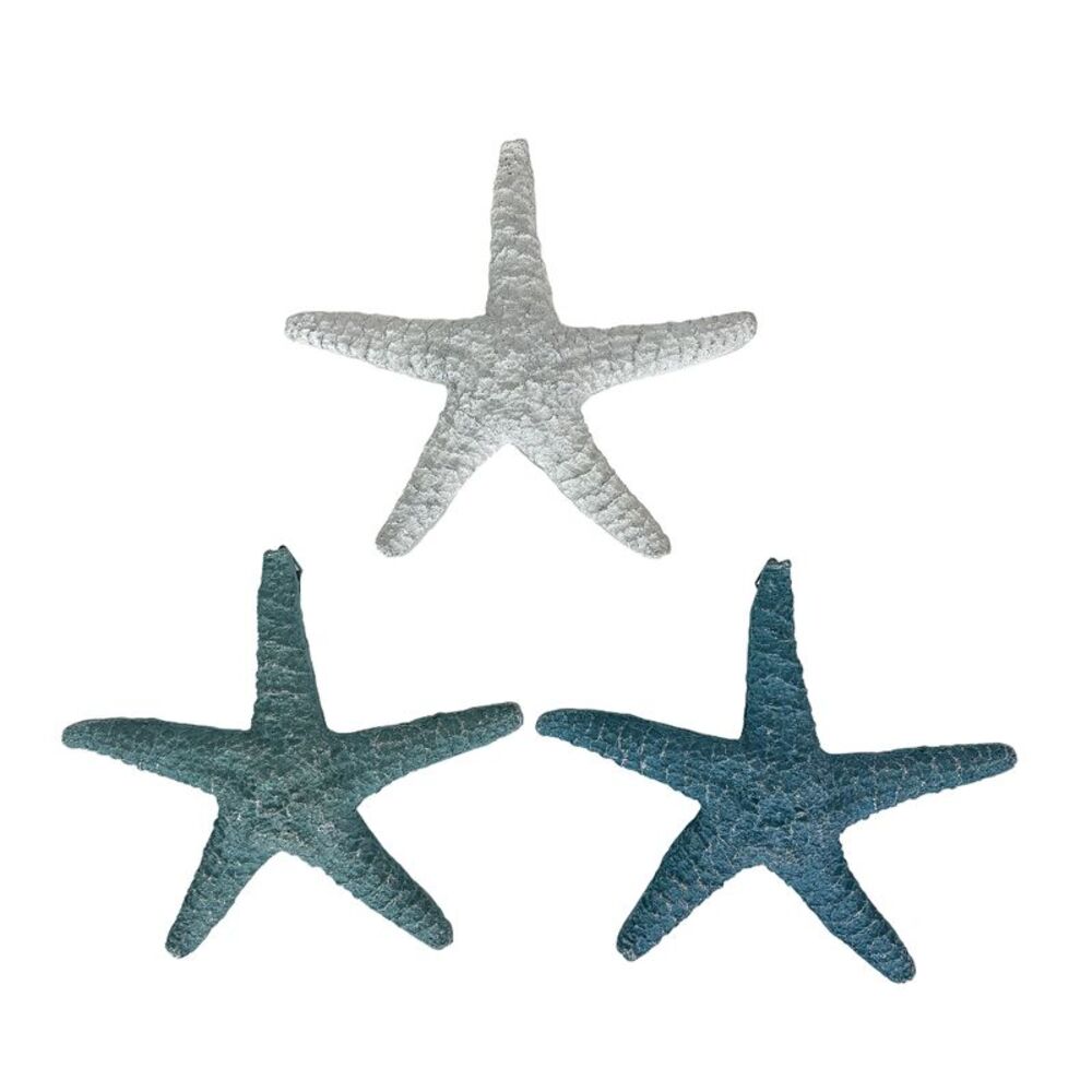 Set of 3 Coastal Starfish Wall Sculptures Blue Aqua White Resin 10.5 In